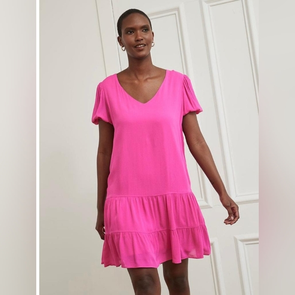 Pink Crinkle Short Sleeve V-Neck Mini Dress With Ruffled Hem - Picture 3 of 3
